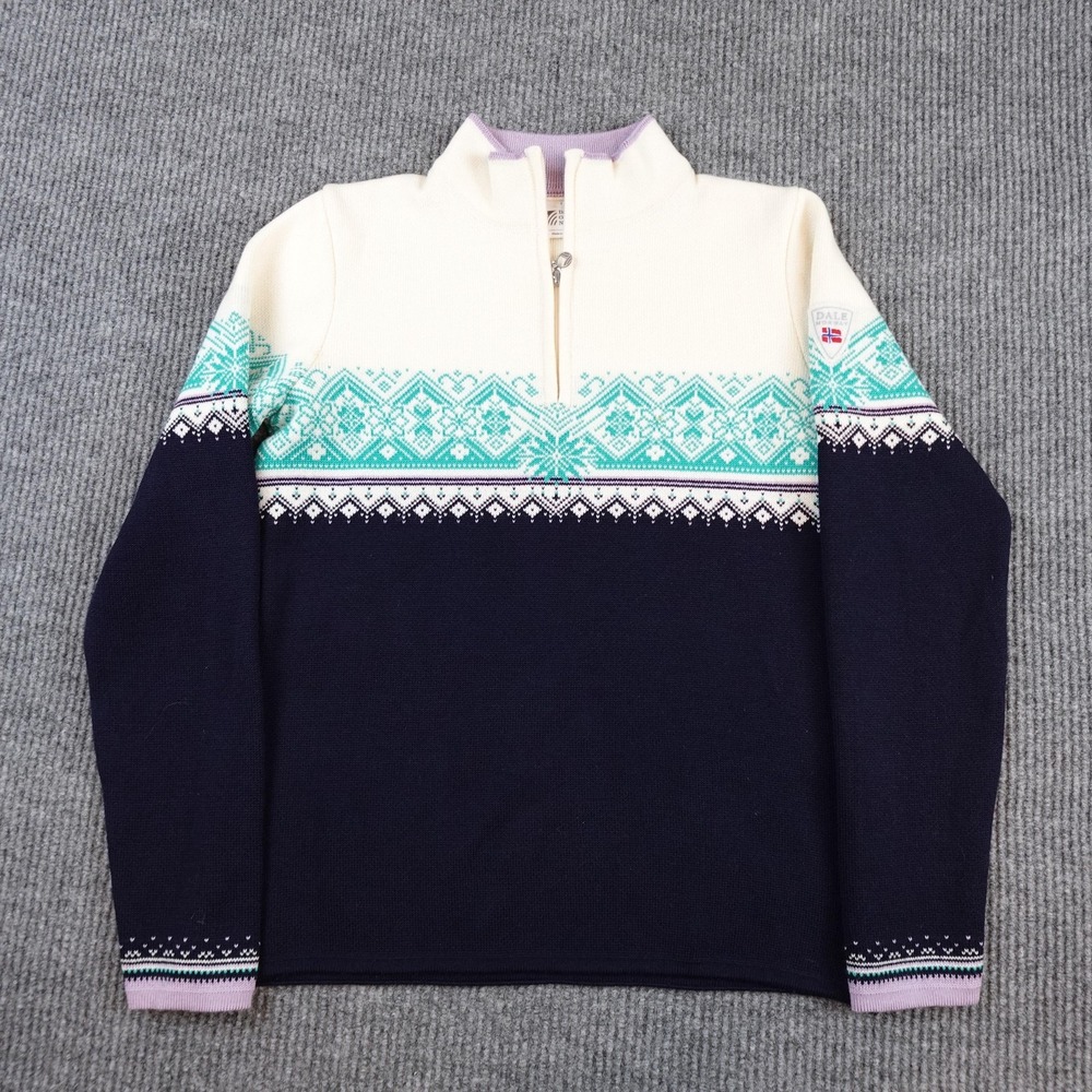 Dale of Norway Sweater Womens Large Blue Fair Isle 1/4 Zip Pullover 91461 AW23